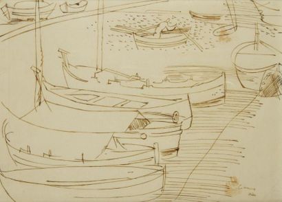 Raoul DUFY (1877-1953) Barques à Cannes. Dessin à l?encre de Chine. Situé en bas...