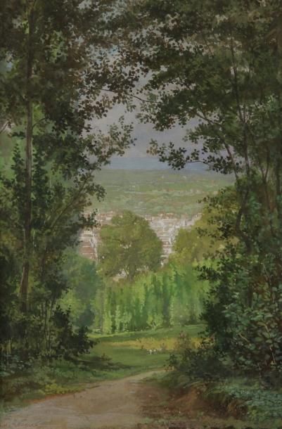 Charles MERCIER (actif vers 1900) Paysage au village vu à travers un sous - bois....