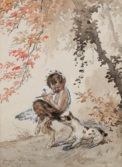 Georges Redon (1869-1943) Satyre et chien, 1919. Encre et aquarelle. Signé et daté...