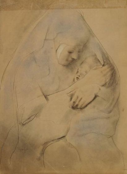 Armand RASSENFOSSE [suédois] (1862-1934) Femme à l?enfant. Crayon et estompe. Signé...