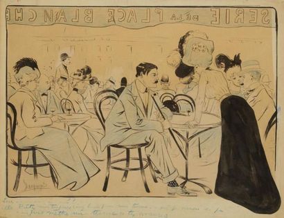 SAMANOS (actif vers 1900) A la brasserie de la Place Blanche, vers 1900. Dessin de...