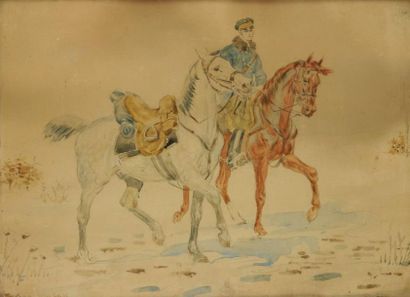 Karol KOSSAK (1896-1975) Cavalier aux deux chevaux, 1921. Aquarelle. Signée et datée...