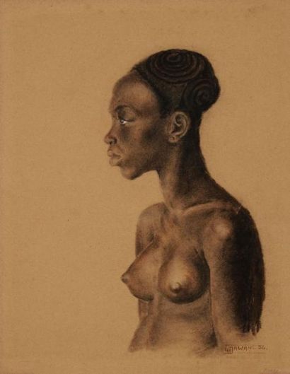 G. DAWANL? Profil de femme noire, 1934. Fusain. Signé et daté en bas à droite. (Accidents)....