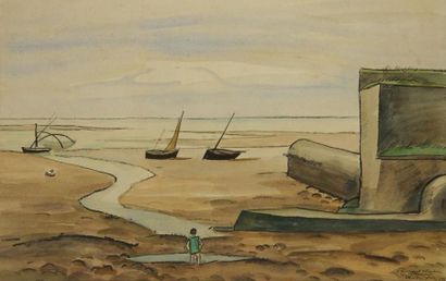 Louis Robert ANTRAL (1895-1940) Marée basse, 1928. Aquarelle. Signée, datée et dédicacée...