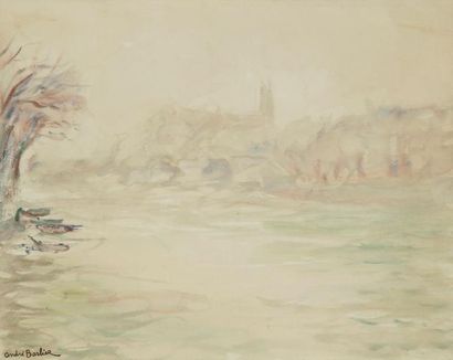 André BARBIER (1883-1970) Ville au bord de la rivière. Aquarelle. Porte le timbre...