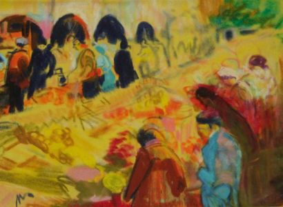 Farid AOUAD (1924-1982) Scène de marché. Pastel sur papier velours. Signé en bas...