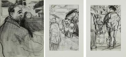 Farid AOUAD (1924-1982) Bistrot - Métro - Comptoir. Trois pastels noirs. Signés en...