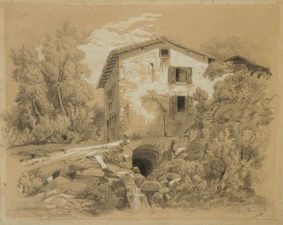 Josef NAVRATIL (1798-1865) Paysage avec grande maison. Mine de plomb et rehauts de...