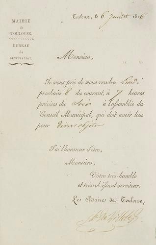 null TOULOUSE - RESTAURATION VILLELE Joseph de (1773-1854, maire de Toulouse en 1815,...