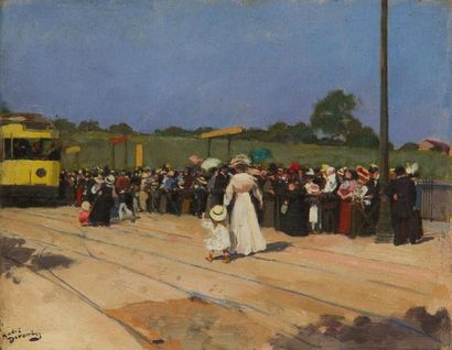 André DEVAMBEZ (1867-1943) Le Tram jaune. Huile sur panneau. Signée en bas à gauche....