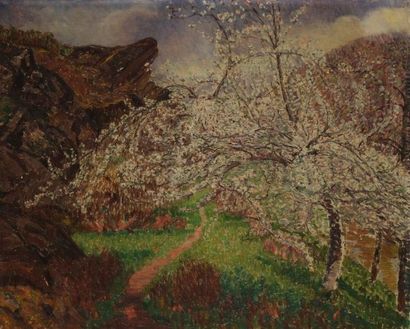 Léon DE TROY (1857-1955) Paysage à l'arbre fleuri. Huile sur toile. Signée en bas...