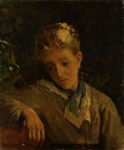 Mosé di Giosue BIANCHI [italien] . (1840-1904) Jeune femme accoudée. Huile sur toile....