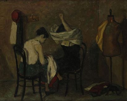 Nino CAFFE [italien] (1909-1975) Les Couturières, 1947. Huile sur toile. Signée en...