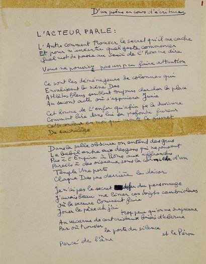 null Louis ARAGON (1897-1982). Manuscrit autographe signé, D’un poème en cours d’écriture ;...