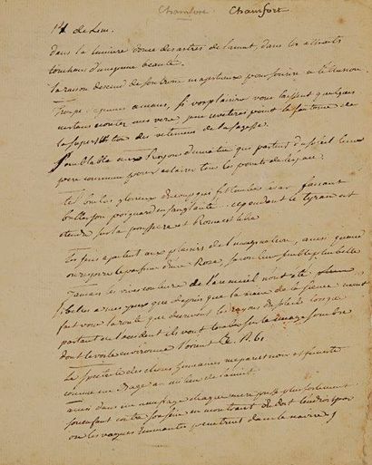 null Sébastien Roch Nicolas CHAMFORT. Manuscrit autographe ; 3 pages et quart in-4.Manuscrit...