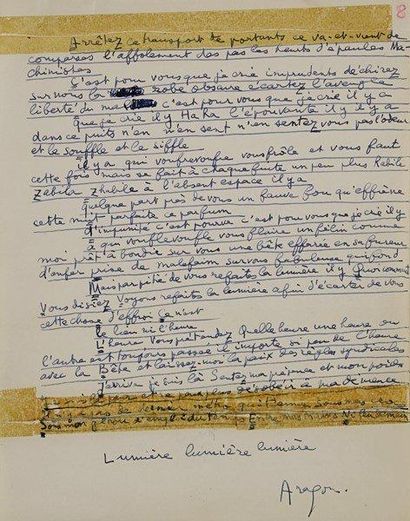 null Louis ARAGON (1897-1982). Manuscrit autographe signé, D’un poème en cours d’écriture ;...
