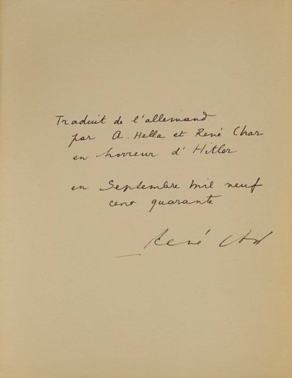 null René CHAR (1907-1988). Manuscrit autographe signé, Friedrich Hölderlin, septembre...