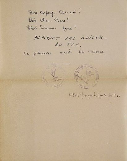 null René CHAR. Poème en partie autographe, en partie de la main d’Henri-Jacques...