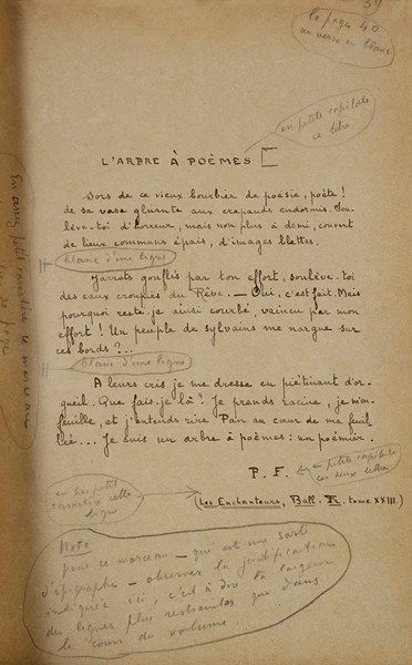 null Paul FORT. Manuscrit autographe signé, L’Arbre à poèmes, [1922] ; un volume...