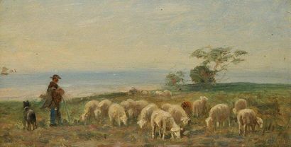 Albert CHARPIN (1842-1924) (Attribué à) Berger et son troupeau. Huile sur panneau....
