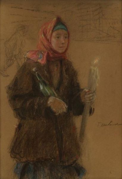 Teodor AXENTOWICZ (1859-1938) Jeune fille au cierge Pastel. Signé en bas à droite....