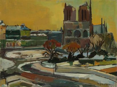Roger WORMS (1907-1980) Notre-Dame sous la neige Huile sur toile. Signée en bas à...