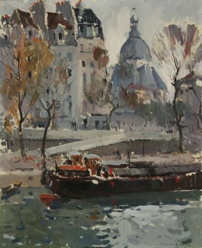 Paul-Jean ANDERBOURGH (1909-2005) Paris, péniche sur la Seine Huile sur toile. Signée...