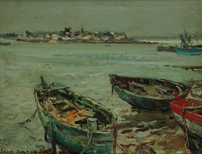 Jean RIGAUD (1912-1999) Barques à Lesconil, 1965 Huile sur toile. Signée en bas à...