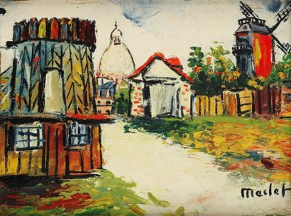 Elisée MACLET (1881-1962) Tour, dôme et moulin à Montmartre Huile sur carton. Signée...