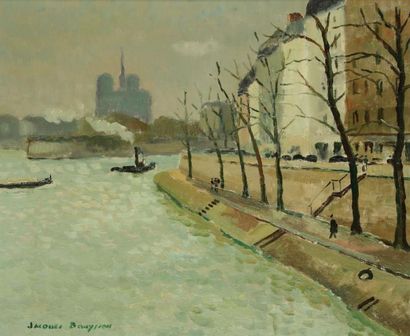 Jacques BOUYSSOU (1926-1997) La Seine à Paris, 1963 Huile sur toile. Signée en bas...