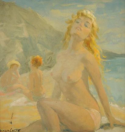 Piero DALLE CESTE (1912-1974) Femmes à la plage Huile sur isorel. Signée en bas à...