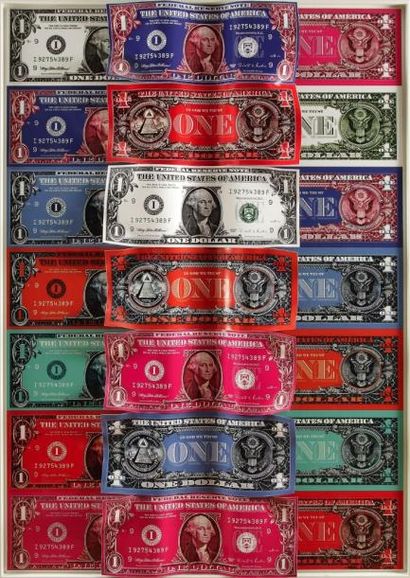 Karl LAGASSE (né en 1981) Dollars, 2010 Sérigraphie en couleurs sur panneau et plaque...