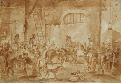 École HOLLANDAISE du XVIIIe siècle Soldats arrivant dans une auberge Plume et encre...