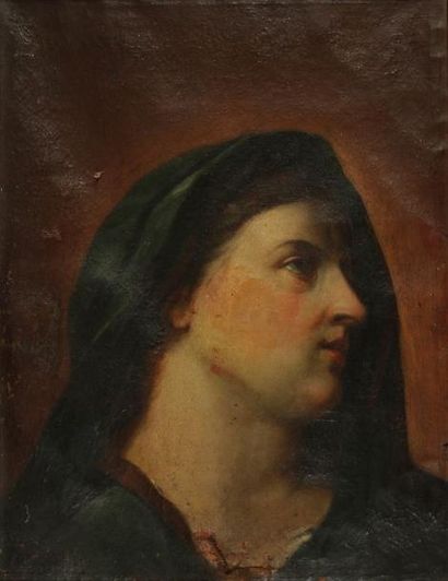 École ITALIENNE vers 1700 Visage de Vierge en prière Sur sa toile d'origine. (Accidents...