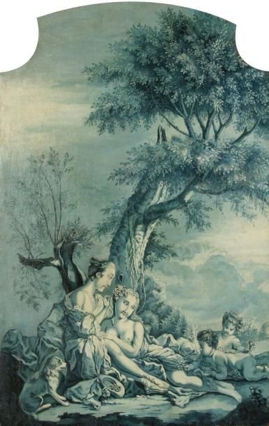 École Française du XIXe siècle Femmes se coiffant au pied d'un arbre Huile sur toile....