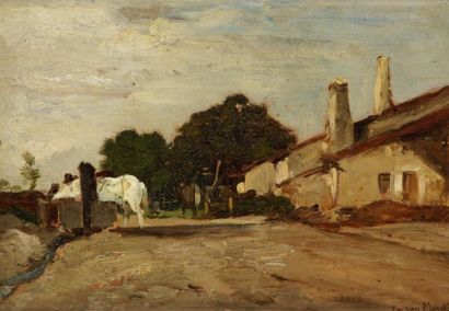 Émile Van MARCKE de LUMMEN (Sèvres 1827-Hyères 1890) Vue d'une ferme Toile marouflée...