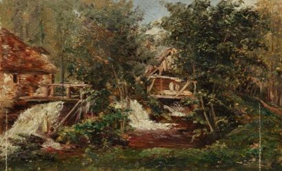 André GIROUX (Paris 1801-1879) Paysage au pont Papier marouflé sur panneau. Trace...