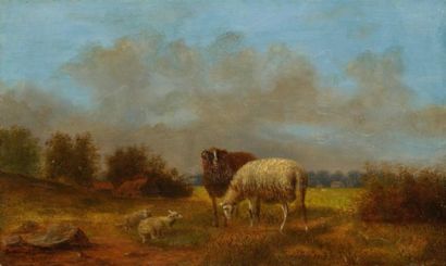 Ferdinand BONHEUR(1817?-1887?) Moutons au pâturage Panneau. Signé et daté en bas...