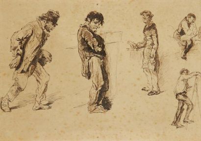Entourage de Paul GAVARNI (1804-1866) Étude d'hommes (2) - Le Savon à retoucher Trois...