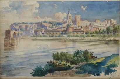 Carlo CUSSETTI (1866-1949) Vue d'Avignon Aquarelle. Signée en bas à droite. (Salissures)....