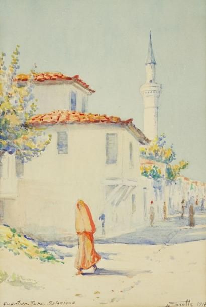 H. SCOTTE (actif vers 1908) Rue à Salonique, 1917 Aquarelle. Signée et datée en bas...