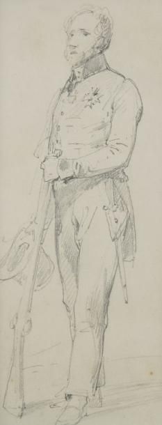 Horace VERNET (1789-1863) Portrait de militaire en pied, appuyé sur son fusil Crayon...
