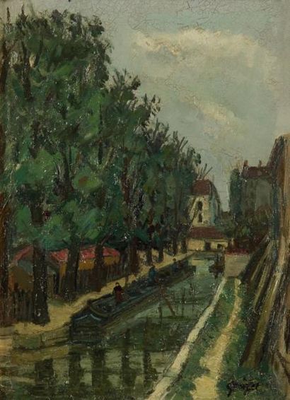 Alphonse-Léon QUIZET (1885-1955) Le Canal à la Villette Huile sur toile. Signée en...