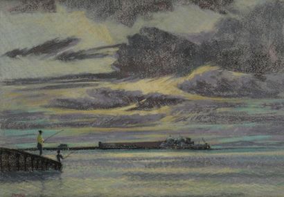 William Henry INNES (1905-1999) Pêcheurs au crépuscule Pastel. Signé en bas à gauche....
