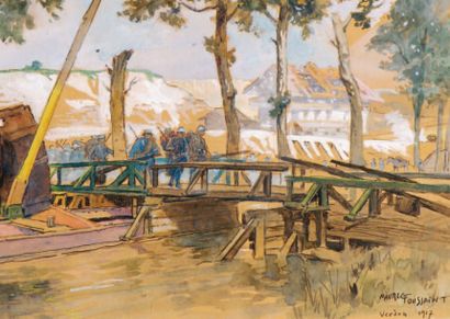 Maurice TOUSSAINT (1882-1974) "Le passage du pont, la Guerre mondiale". Aquarelle...