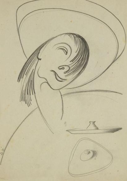 Mino DELLE SITE (1914-1996) Femme au chapeau, 1964. Dessin à la mine de plomb. Monogrammé...
