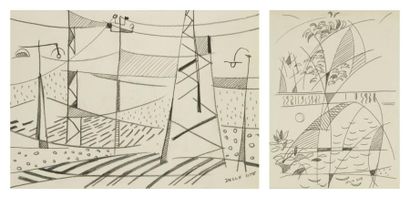 Mino DELLE SITE (1914-1996) Méditerranée - Pylônes, 1964. Deux dessins à la mine...