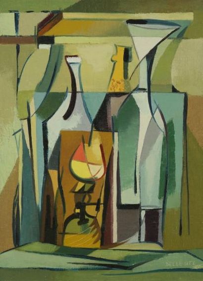 Mino DELLE SITE (1914-1996) La Lampe à pétrole, 1950. Huile sur toile. Signée en...