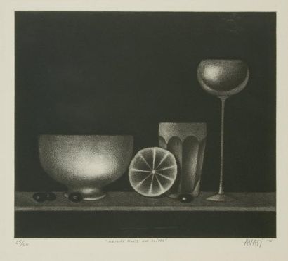 Mario AVATI (1921-2009) Nature morte aux olives. 1956. Manière noire. 300 x 255....