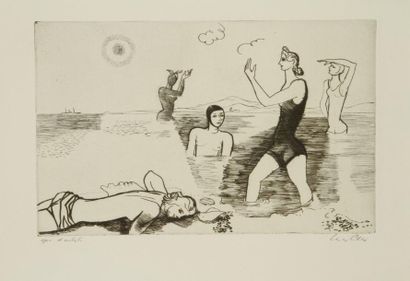 Yves ALIX (1890-1969) Femme nue en buste; Femmes sur la plage. 1952. Eau-forte. Formats...